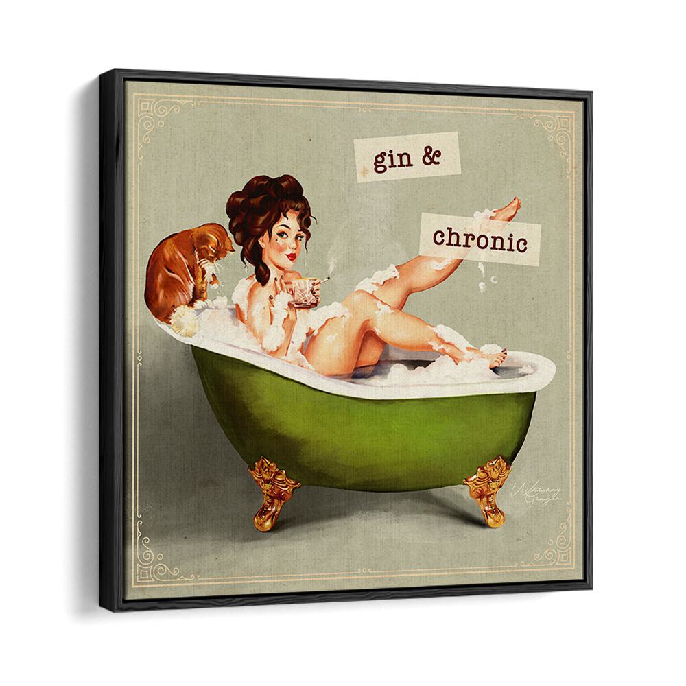 Captivating GIN AND CHRONIC, PORTRAITS artwork featuring a woman relaxing in a tub with a playful dog.
