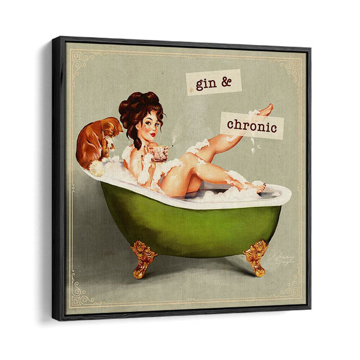 Captivating GIN AND CHRONIC, PORTRAITS artwork featuring a woman relaxing in a tub with a playful dog.