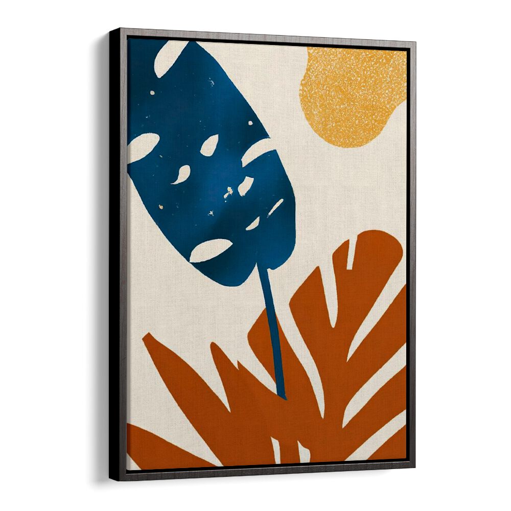 PRIMARY PALMS, FLORAL FLOWER PAINTINGS with bold blue and orange palm leaves and abstract yellow sun by Black Floater