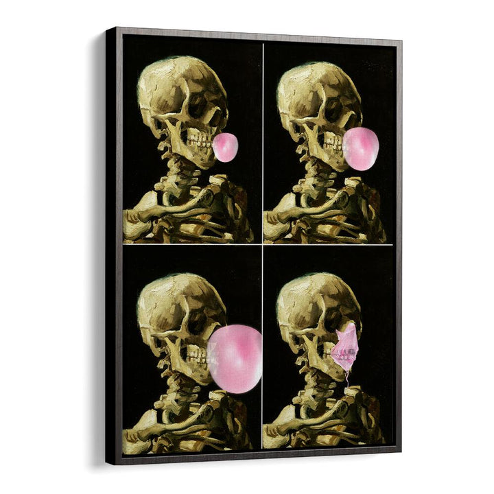 Skull Gum Explosion, altered art prints by Dikhotomy, showcase a creative skeleton blowing bubblegum in bold colors.
