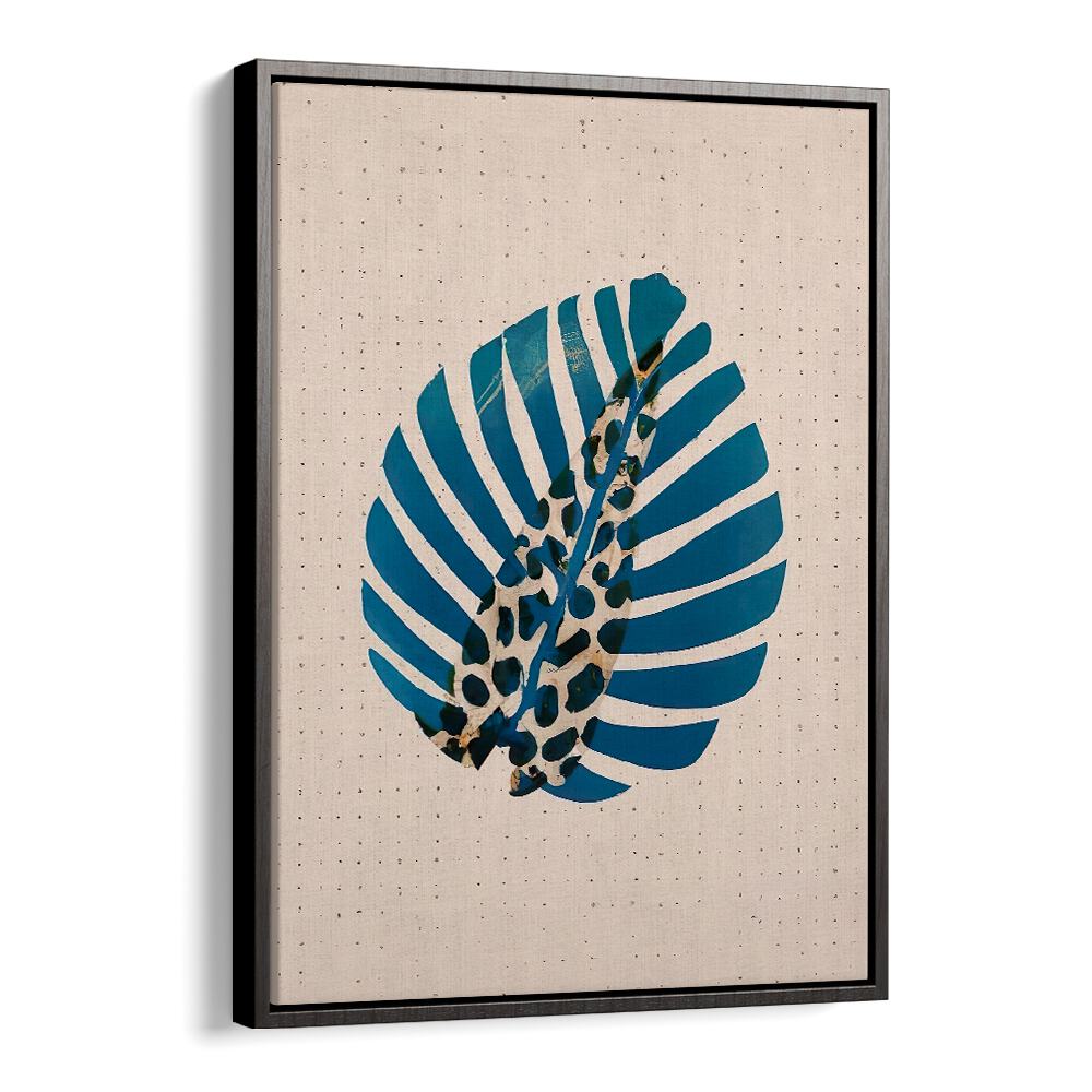 LEOPALM , FLORAL FLOWER PAINTINGS featuring a blue tropical leaf with leopard print detail on textured beige canvas.