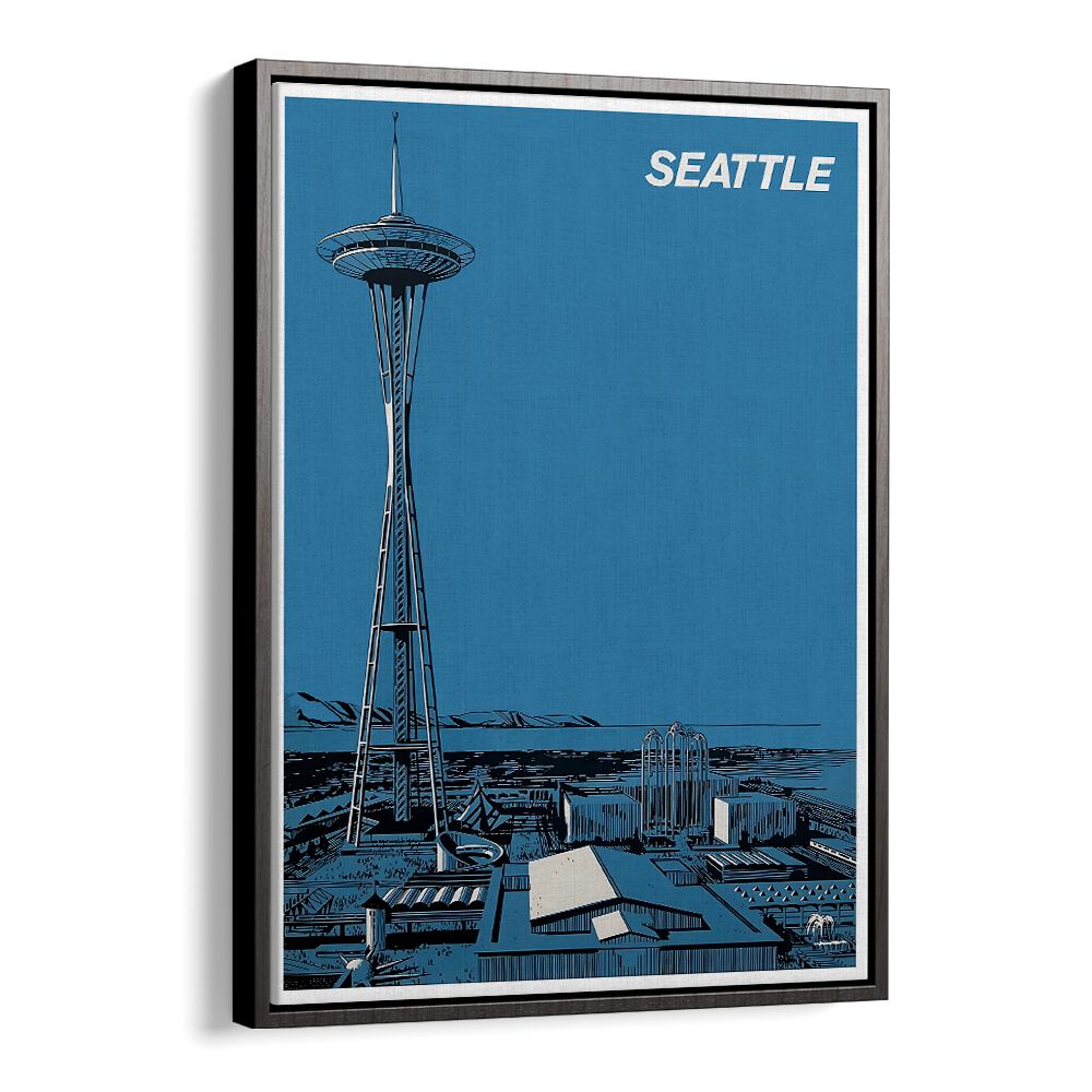 Stunning SEATTLE, VINTAGE TRAVEL POSTERS showcasing the iconic Space Needle against a vibrant blue backdrop.