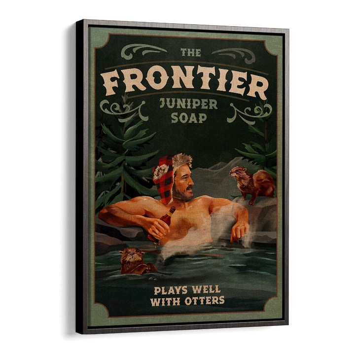 FRONTIER MAN WITH OTTERS, BAR art print showcases outdoor adventure with playful otters, perfect for any café or bar.