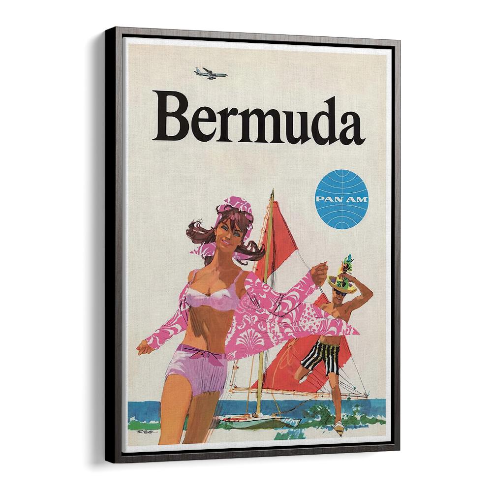 Vintage BERMUDA travel poster with vibrant beach scene, perfect for adding tropical charm to your decor.