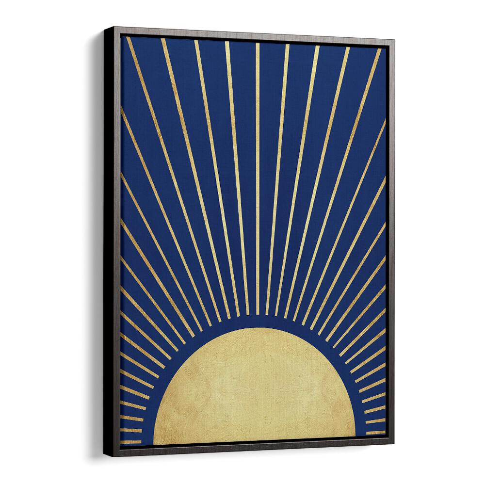 Stunning SUN RAYS I, GEOMETRIC ART PRINTS featuring golden rays on a deep blue background, perfect for your space.