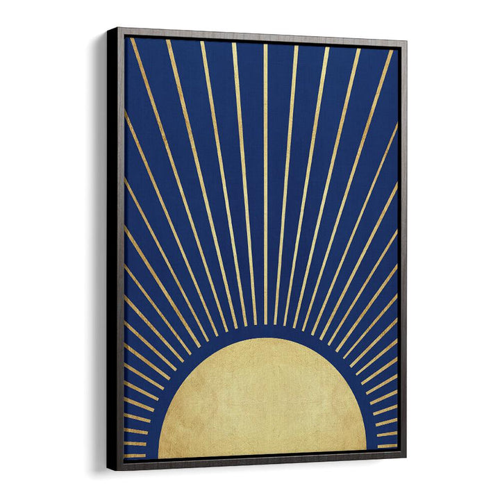 Stunning SUN RAYS I, GEOMETRIC ART PRINTS featuring golden rays on a deep blue background, perfect for your space.