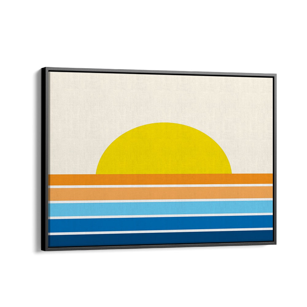 Bright yellow sun set over colorful stripes in RETRO BEACH I, LANDSCAPE PAINTINGS for a vibrant coastal vibe.