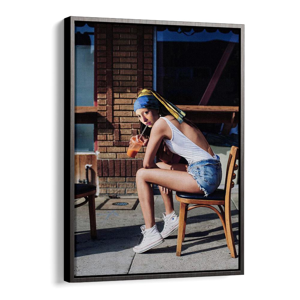 Chic girl sipping a drink, embodying chill vibes in the GIRL WITH PEARL EARRING CHILLOUT MOOD, ALTERED ART PRINTS.