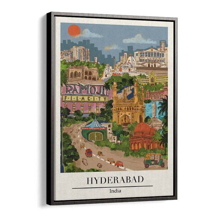 Colorful Hyderabad travel poster by Saumya Agarwal, showcasing iconic landmarks and vibrant culture. Perfect for wall art.