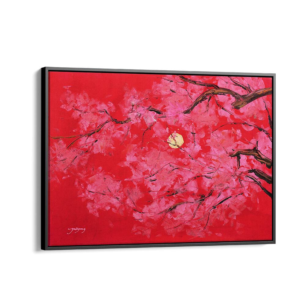 Vibrant REDMOON, FLORAL FLOWER PAINTINGS showcase blooming pink flowers against a bold red background.