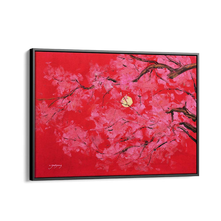 Vibrant REDMOON, FLORAL FLOWER PAINTINGS showcase blooming pink flowers against a bold red background.