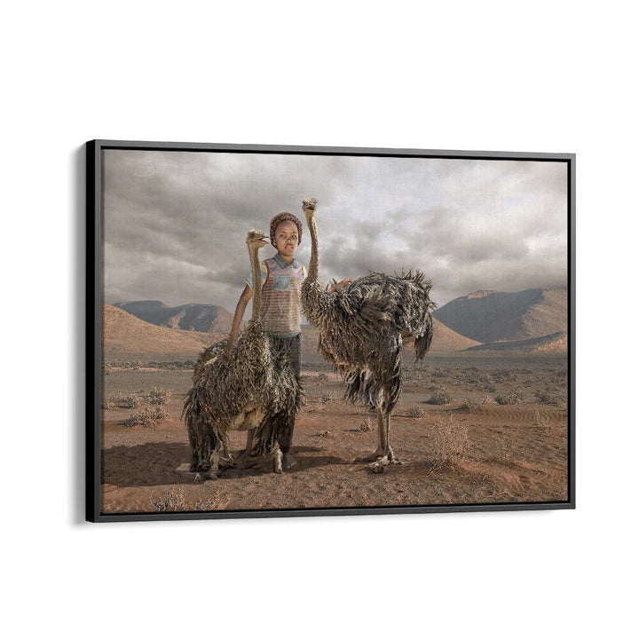 Surreal OSTRICH BOY, PHOTOGRAPHY PRINTS featuring a child with ostriches in a whimsical desert landscape.