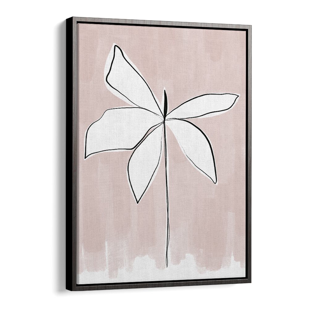 Minimal white line flower on blush background in black floater frame — PETAL WHISPERS , FLORAL FLOWER PAINTINGS