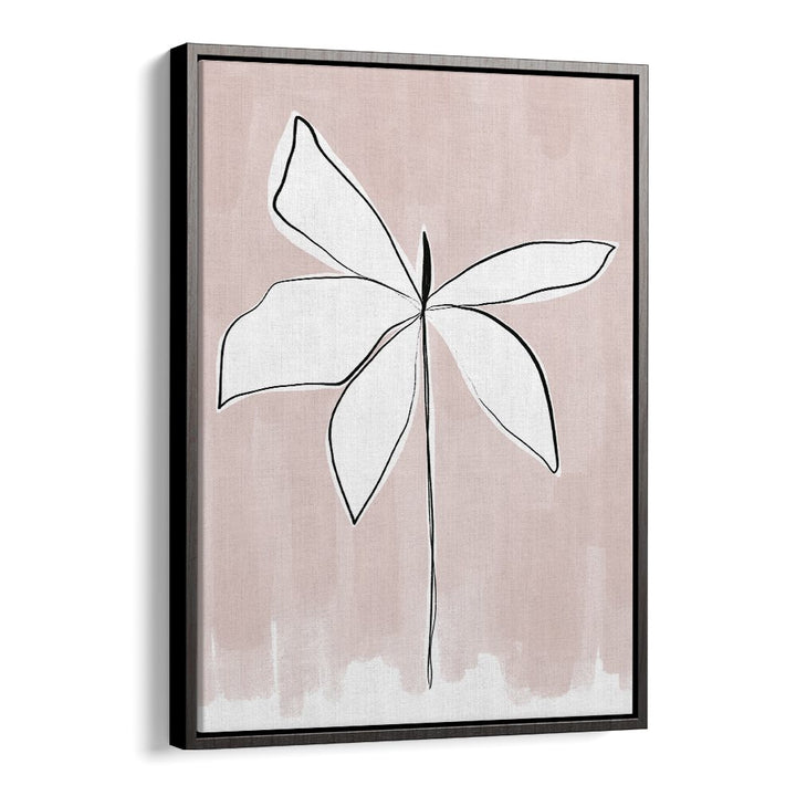 Minimal white line flower on blush background in black floater frame — PETAL WHISPERS , FLORAL FLOWER PAINTINGS