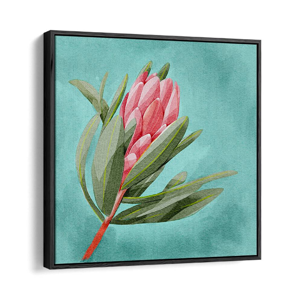 Elegant PROTEA, FLORAL FLOWER PAINTINGS featuring a vibrant floral design on a soothing turquoise background.