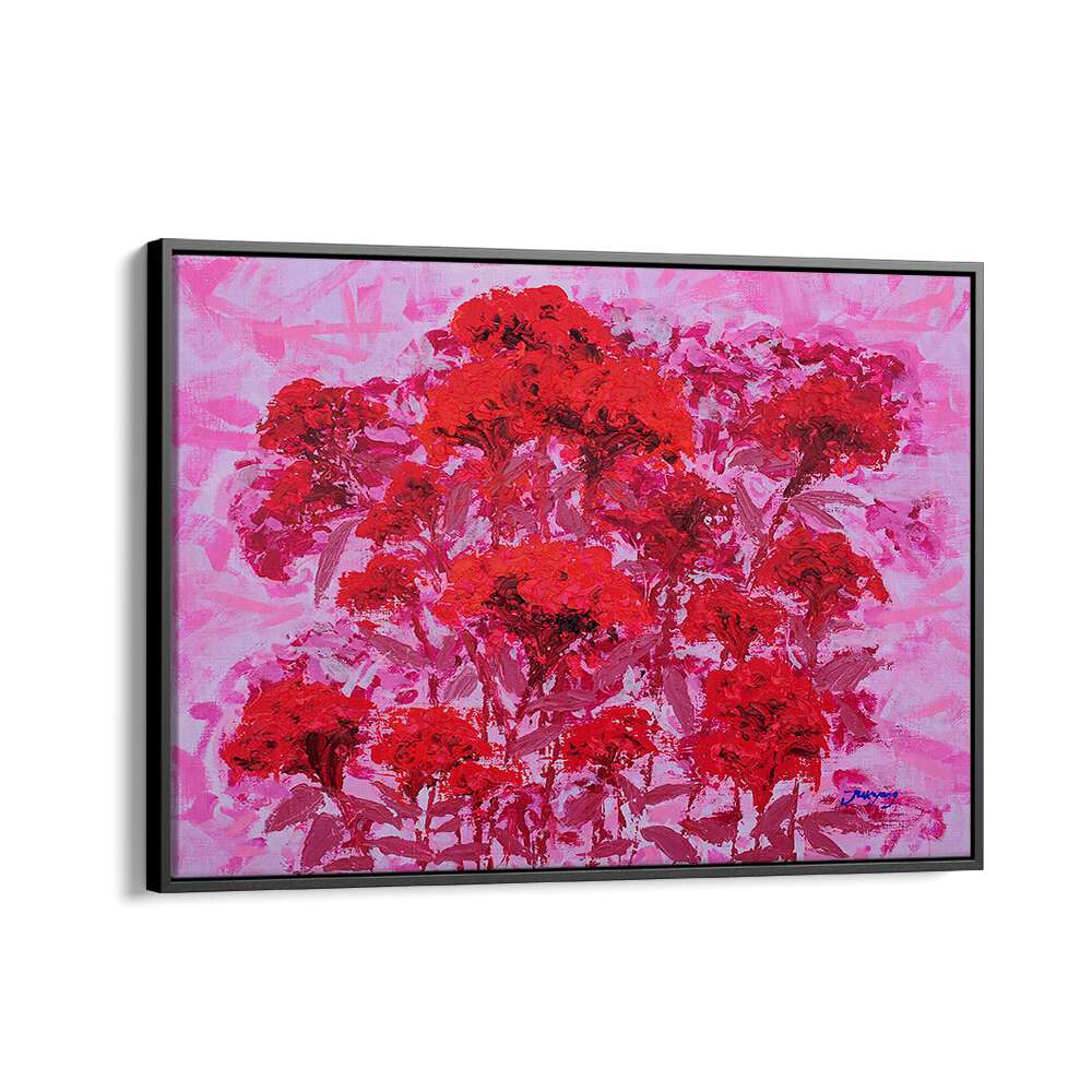 Vibrant COCKSCOMB CANVAS, FLORAL FLOWER PAINTINGS showcasing red flowers against a pink background for stunning decor.