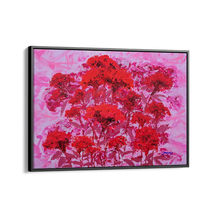 Vibrant COCKSCOMB CANVAS, FLORAL FLOWER PAINTINGS showcasing red flowers against a pink background for stunning decor.