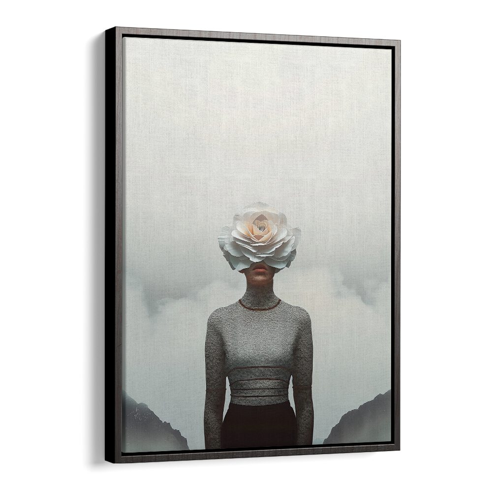 A surreal art print featuring a woman with a flower for a face, showcasing FLOWER FACE, SURREAL ART PRINTS.