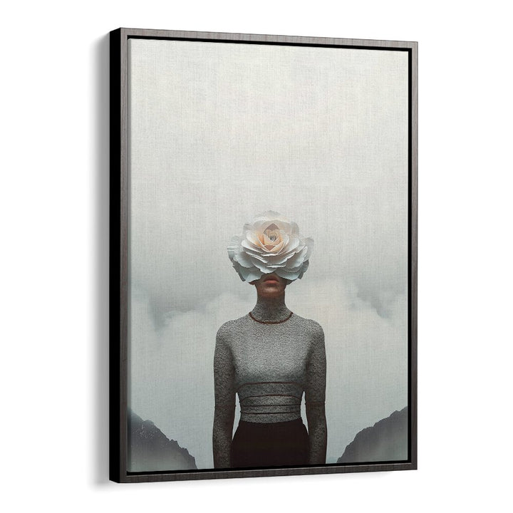 A surreal art print featuring a woman with a flower for a face, showcasing FLOWER FACE, SURREAL ART PRINTS.