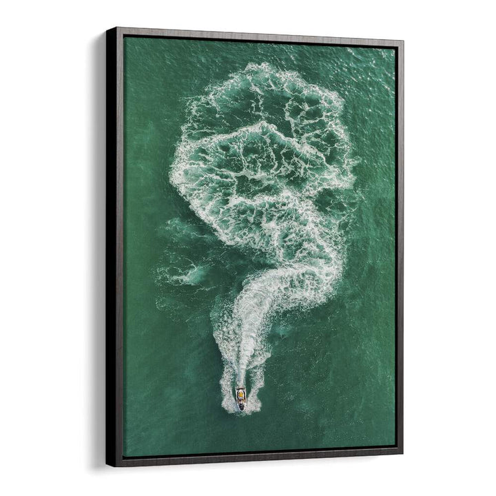 Stunning aerial view of a jet ski creating waves in vibrant water, showcasing FOAMY JOURNEY, PHOTOGRAPHY PRINTS.