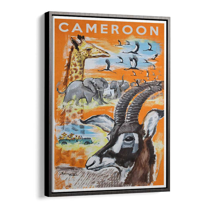 Colorful CAMEROON, VINTAGE TRAVEL POSTERS showcasing wildlife and landscapes, perfect for home décor.