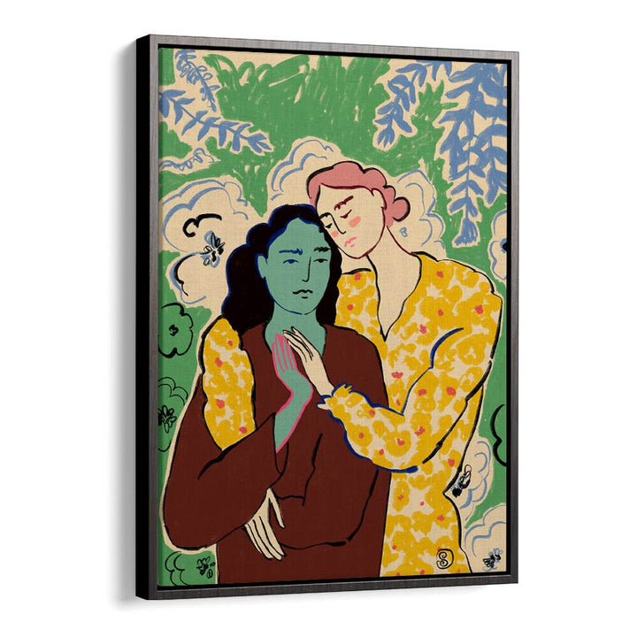 Vibrant art print featuring two figures holding hands, showcasing connection and energy in a colorful design.