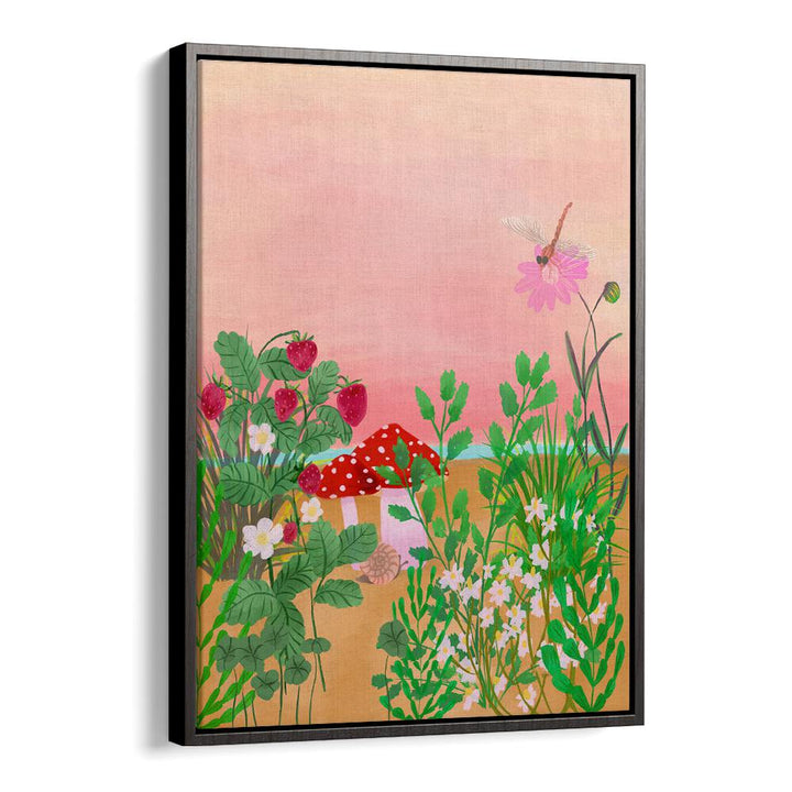 Vibrant WILD STRAWBERRY TRAIL, FLORAL FLOWER PAINTINGS capturing summer's essence with lush greenery and colorful blooms.