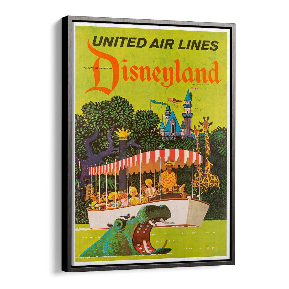 Colorful Disneyland vintage travel poster featuring jungle scenes and a boat, perfect for nostalgic decor.