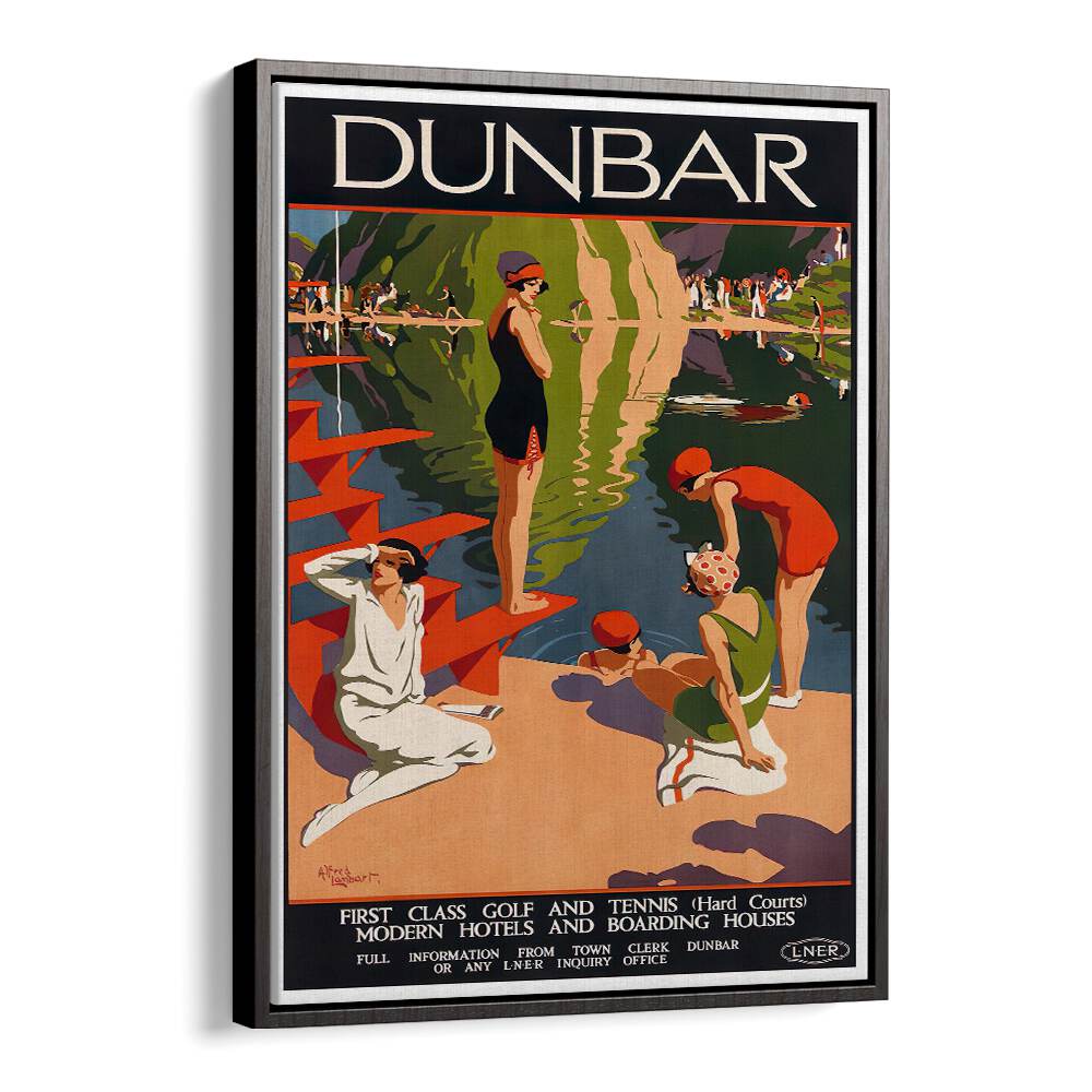 Vibrant DUNBAR, VINTAGE TRAVEL POSTERS showcasing classic leisure activities by the serene waters. Perfect for nostalgia!
