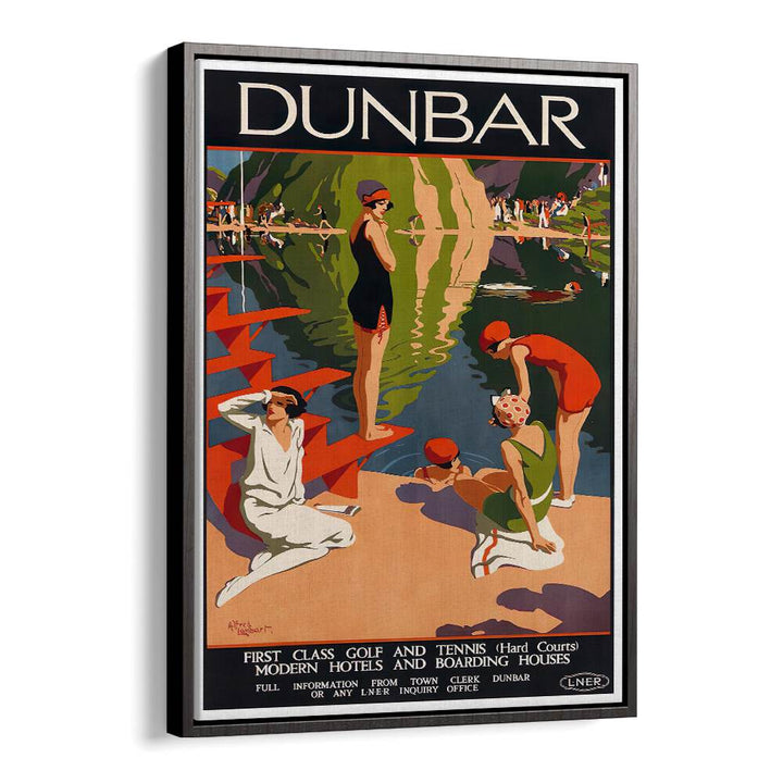 Vibrant DUNBAR, VINTAGE TRAVEL POSTERS showcasing classic leisure activities by the serene waters. Perfect for nostalgia!