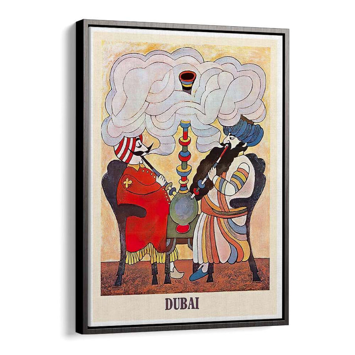 Vintage art captures a vibrant scene of two figures enjoying a hookah in our DUBAI I, VINTAGE TRAVEL POSTERS.