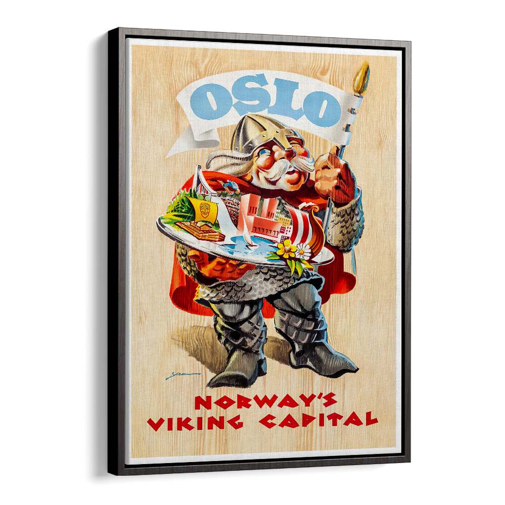 OSLO, VINTAGE TRAVEL POSTERS showcase a charming Viking character, perfect for adding nostalgia to your decor.