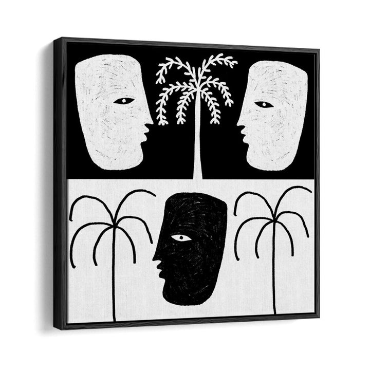 Abstract black and white design featuring faces and palm trees, showcasing YEARNING I, BOHO ART PAINTINGS.