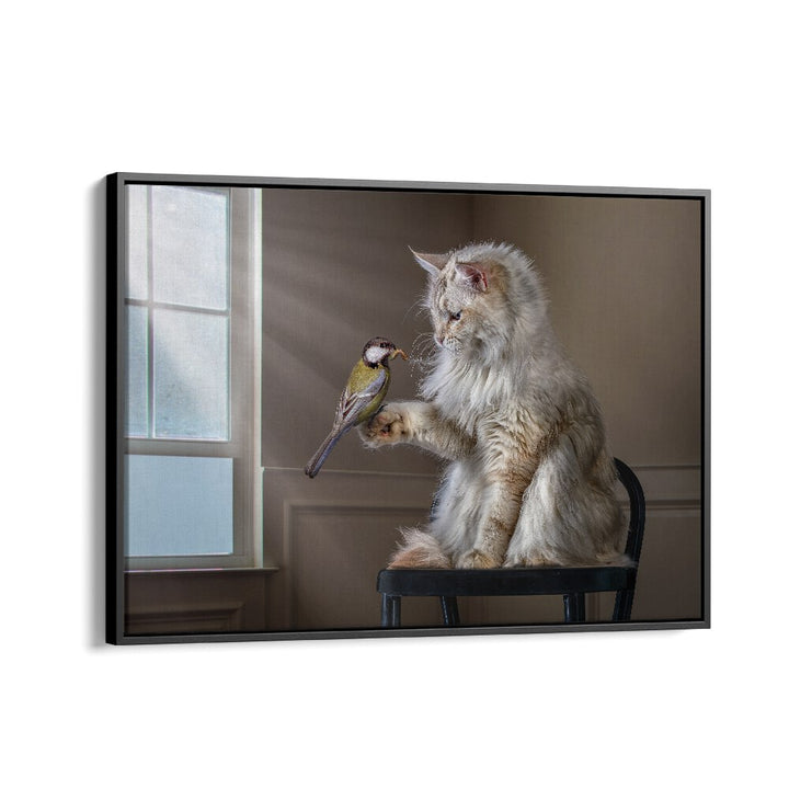 Surreal HELLO FRIEND, PHOTOGRAPHY PRINTS featuring a cat and bird, perfect for creative home decor.