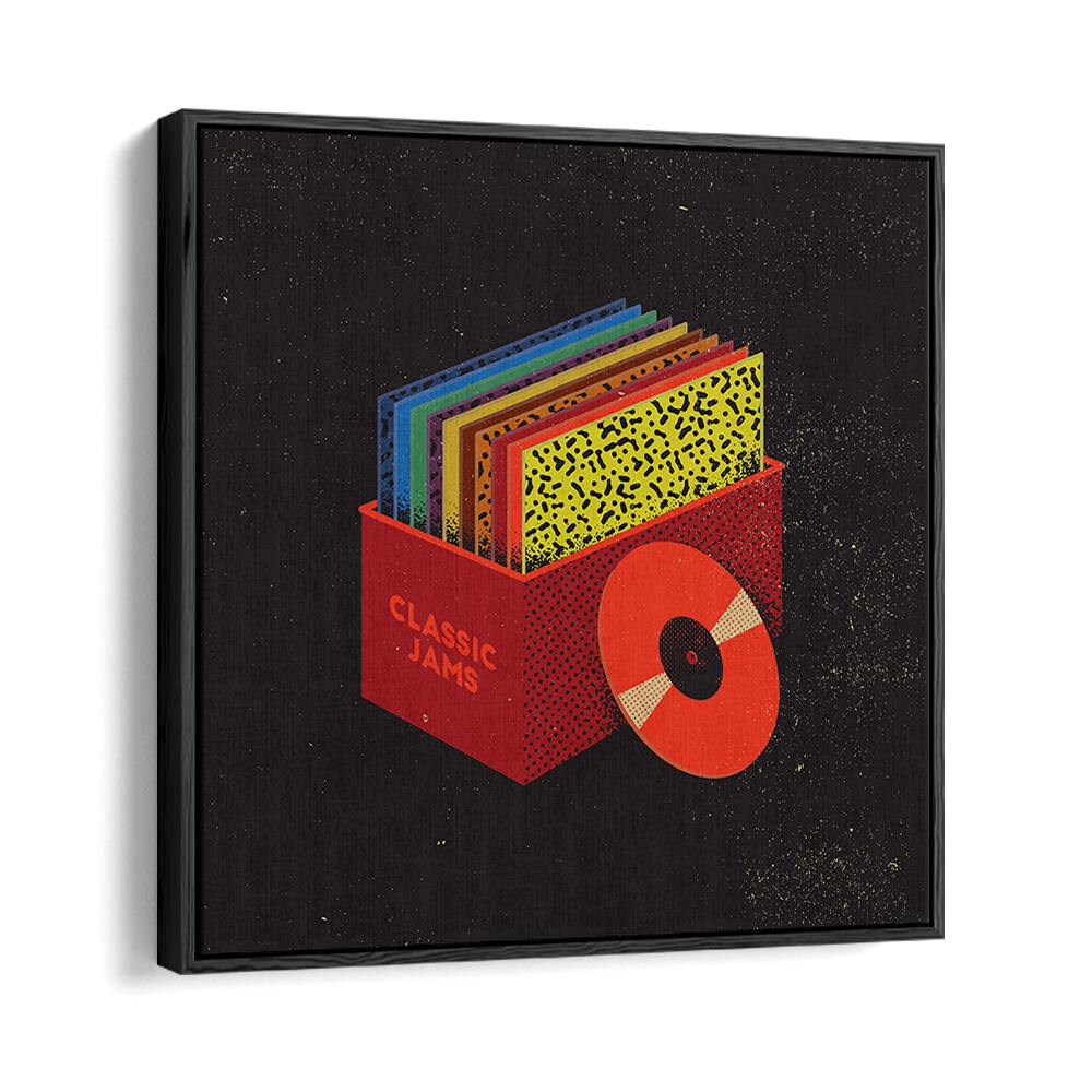 Colorful CLASSIC JAMS, MUSIC POSTERS featuring a vintage vinyl record collection in a stylish display box.