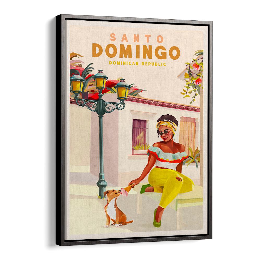 Colorful SANTO DOMINGO, TRAVEL POSTERS featuring a woman and dog, celebrating Dominican Republic's vibrant culture.