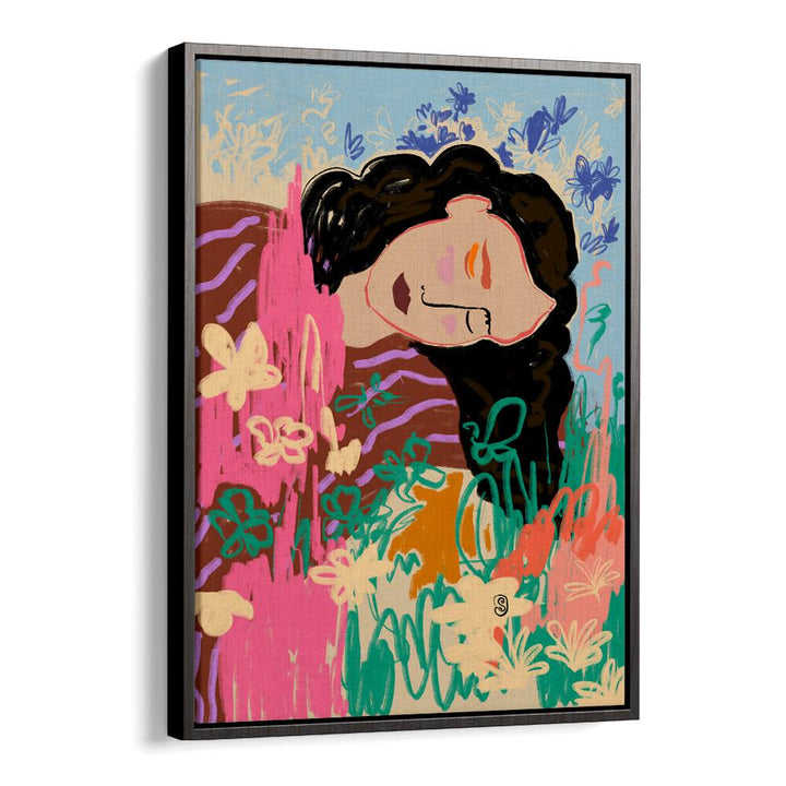 Bright and colorful art print featuring a serene figure in a lush garden, capturing the essence of DAY DREAMING, VIBRANT.