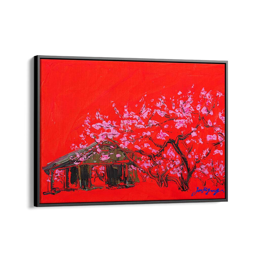 Vibrant PEACH BLOSSOM CANVAS, FLORAL FLOWER PAINTINGS featuring blooming trees against a bold red background.