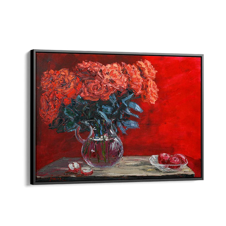 VIBRANT FLOWER SCENT, FLORAL FLOWER PAINTINGS showcasing a stunning bouquet in a glass vase against a bold red background.