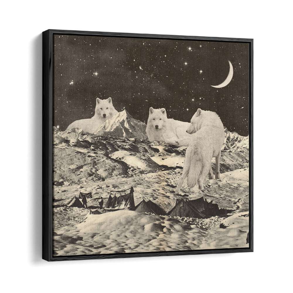 Majestic giant white wolves in a surreal landscape, a captivating art print by Florent Bodart, perfect for decor.
