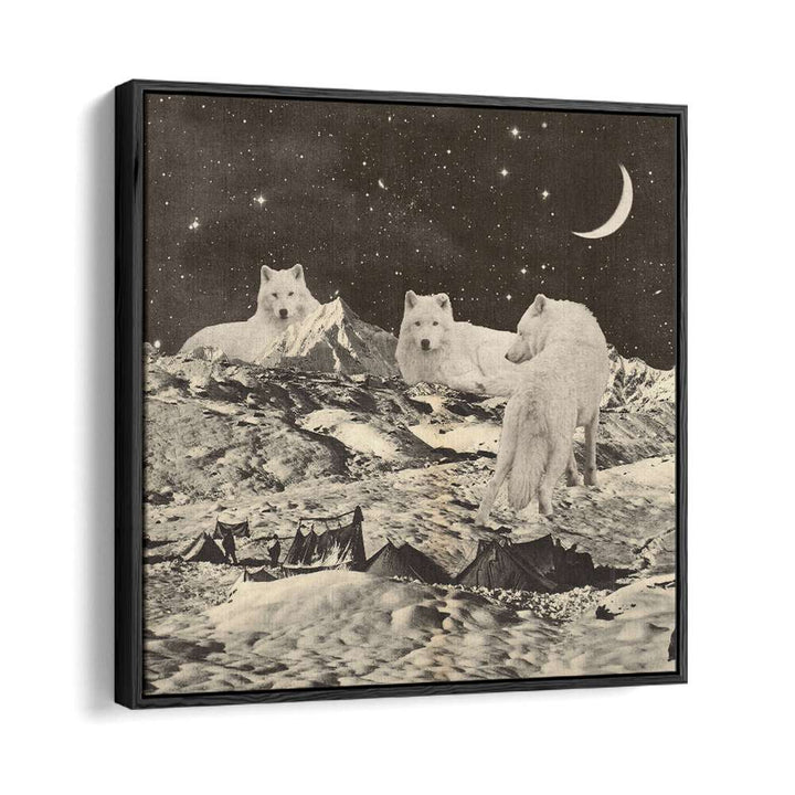 Majestic giant white wolves in a surreal landscape, a captivating art print by Florent Bodart, perfect for decor.