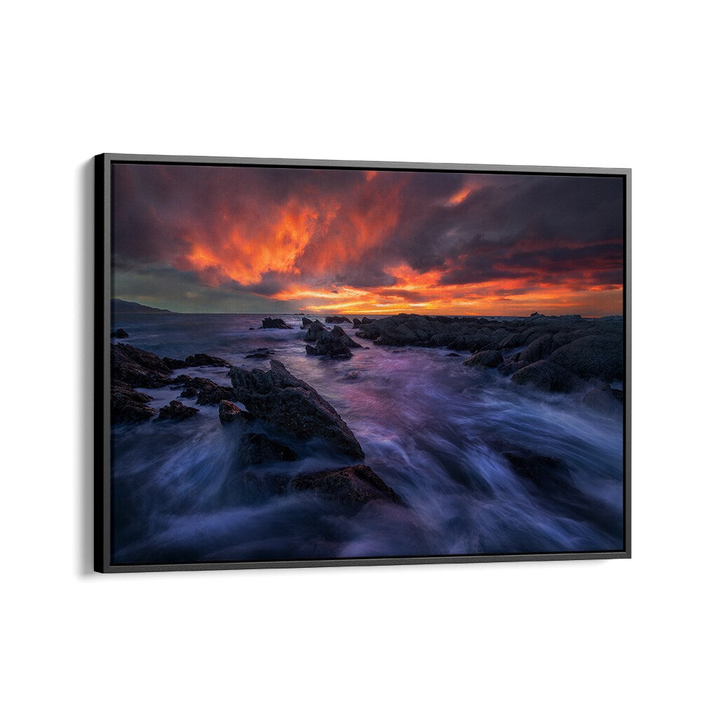 Stunning BURNING SKY, PHOTOGRAPHY PRINTS showcase vibrant sunset colors over rocky shoreline, enhancing any space.