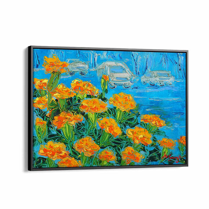 Vibrant MARIGOID CANVAS, FLORAL FLOWER PAINTINGS showcasing bright marigolds against a blue background. Perfect for decor.