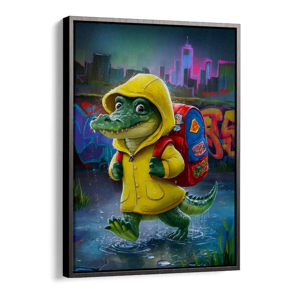 Brighten your child's room with BABY CROCODILE, COMIC POSTERS featuring a charming croc in a yellow raincoat.