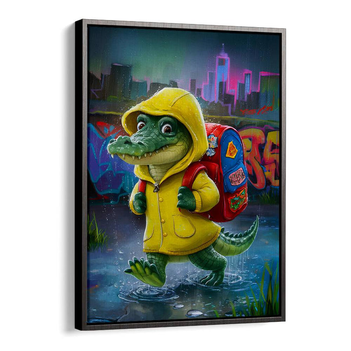 Brighten your child's room with BABY CROCODILE, COMIC POSTERS featuring a charming croc in a yellow raincoat.