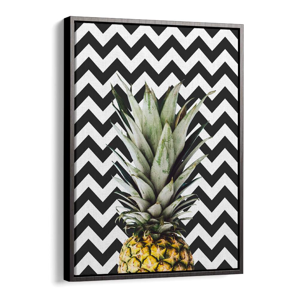 PINEAPPLE ART II, KITCHEN POSTERS showcase a vibrant pineapple against a stylish chevron background, perfect for decor.