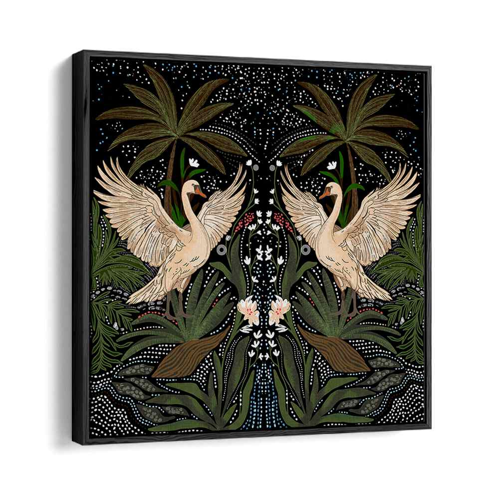 SWAN DANCE, FLORAL FLOWER PAINTINGS showcase elegant swans amidst lush greenery, perfect for enhancing any space.