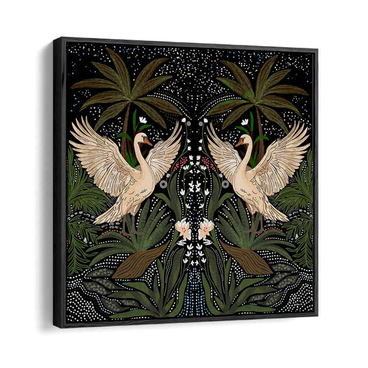 SWAN DANCE, FLORAL FLOWER PAINTINGS showcase elegant swans amidst lush greenery, perfect for enhancing any space.