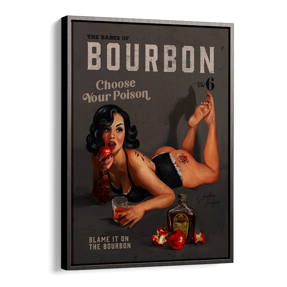 Transform your space with BABES OF BOURBON, BAR art featuring a sexy pinup and vintage bourbon theme.