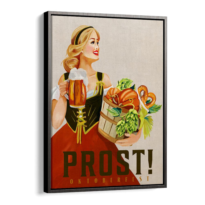 Celebrate with PROST OKTOBERFEST, BAR art featuring a festive woman, perfect for pubs and home gatherings.